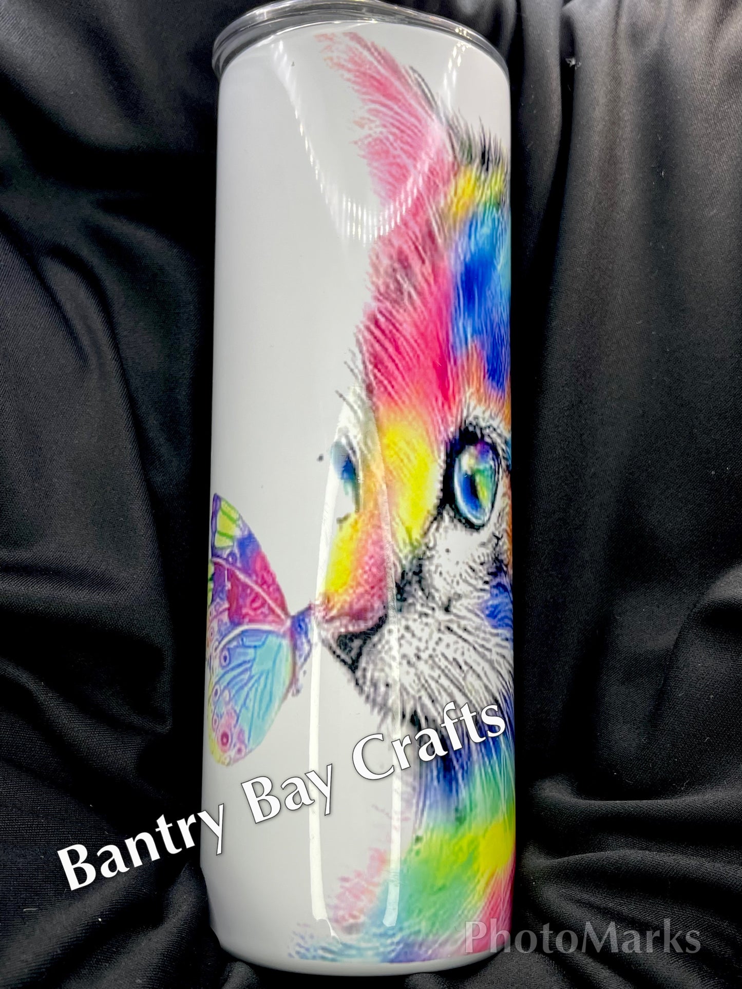 Vivid Colored Kitty with Butterfly on Nose Tumbler