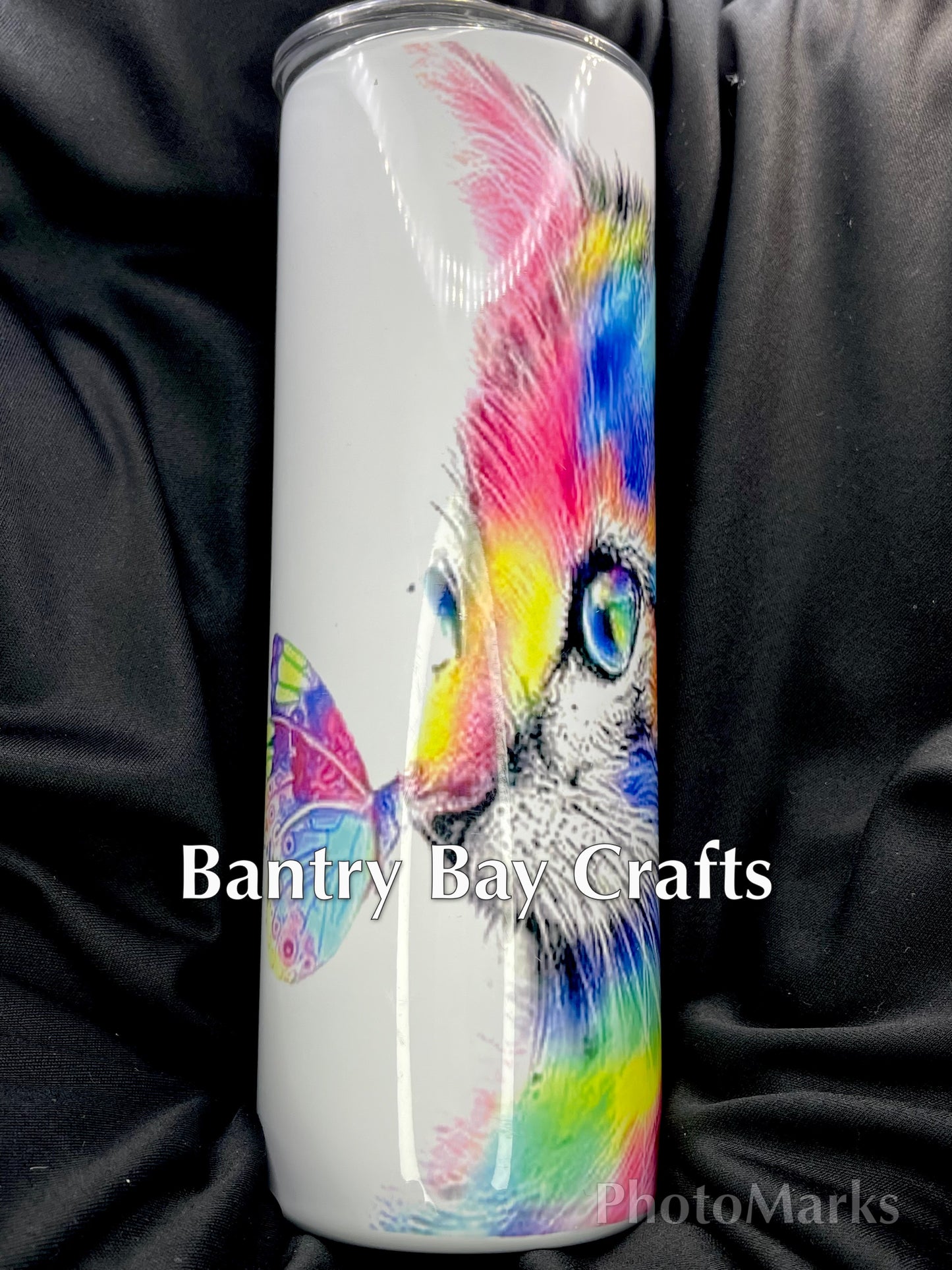 Vivid Colored Kitty with Butterfly on Nose Tumbler
